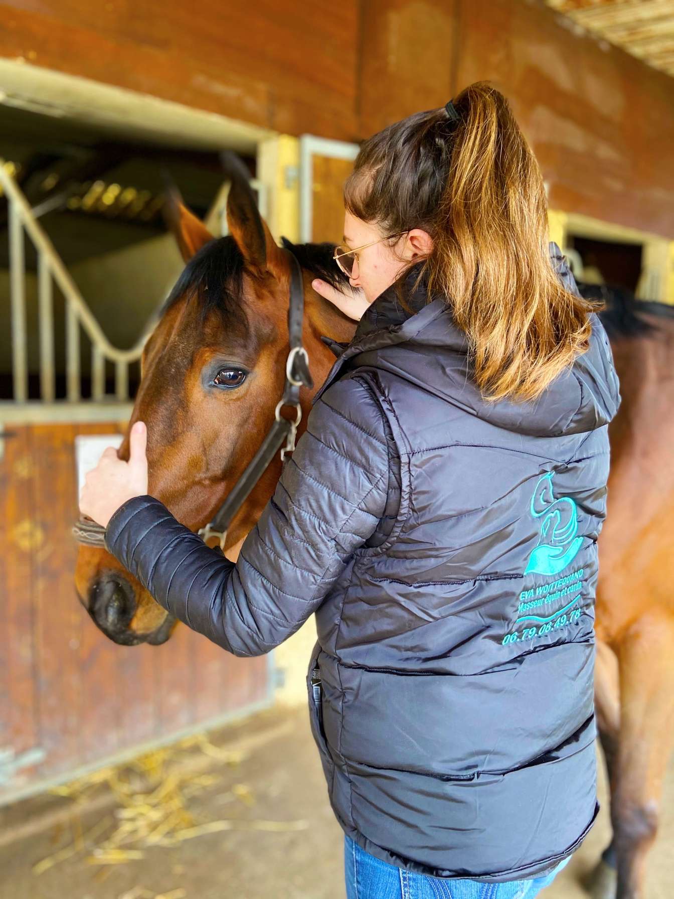 Eva pratiquant un massage équin sur un cheval
